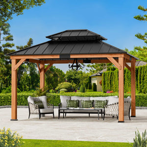 Gazebo à toit rigide 3x3,6 m en cèdre et bois de rose