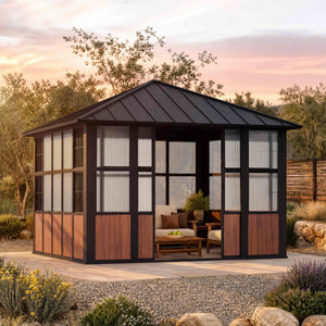Gazebo à toit rigide solarium Clario 3,66 m x 3,66 m avec support de télévision intégré