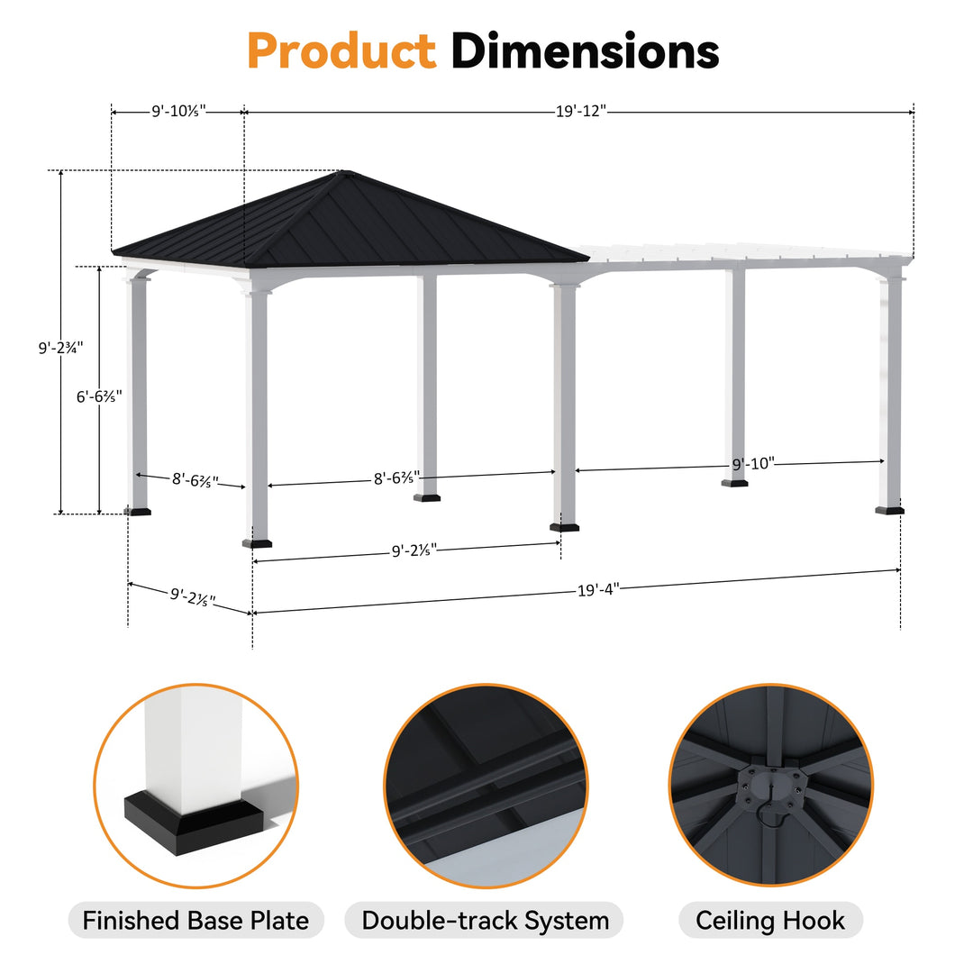 10'x20' Sunrise Coast Metal Hardtop Gazebo with Hybrid Pavilion + Pergola Design
