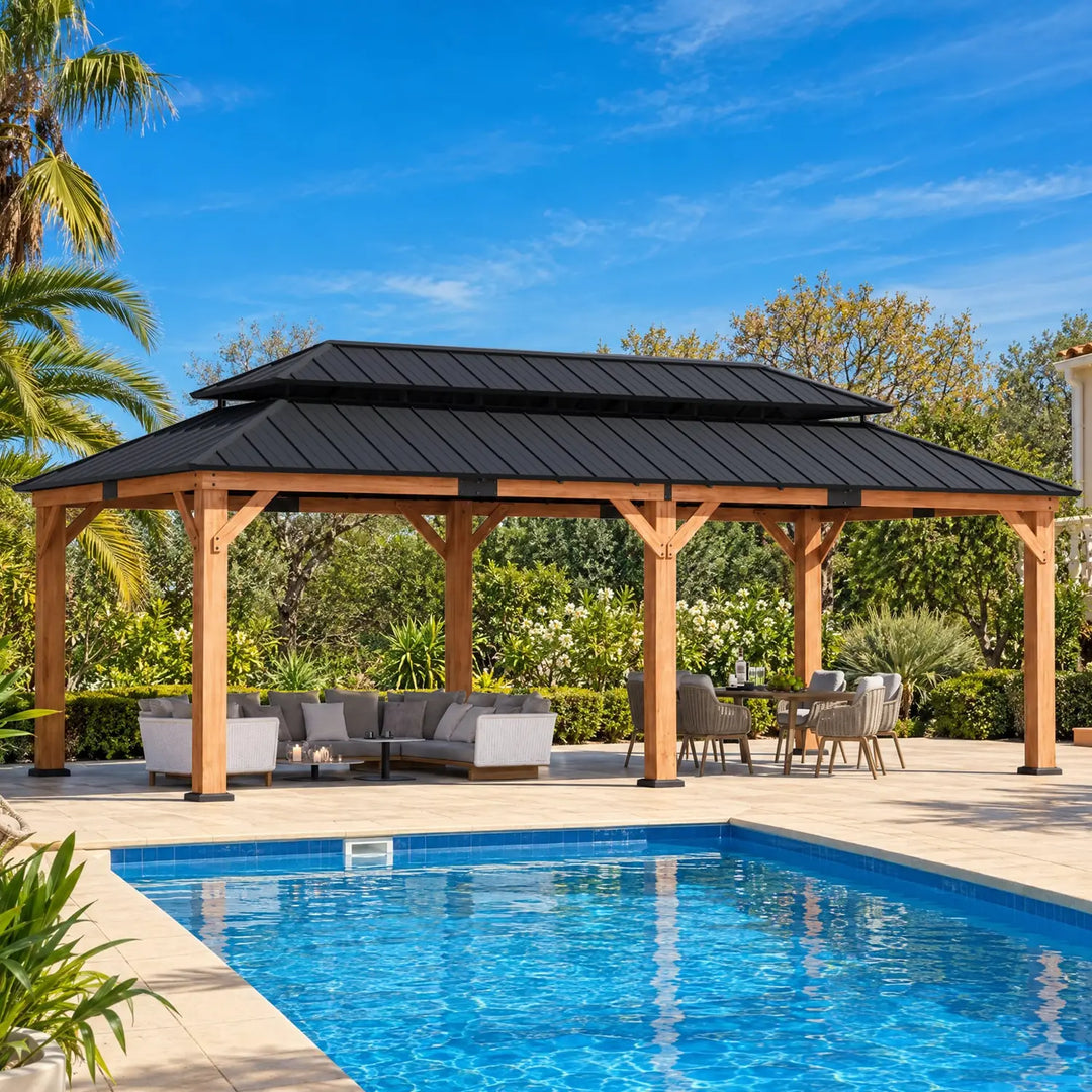 Tonnelle 12'x20' en cèdre et bois de rose à toit rigide