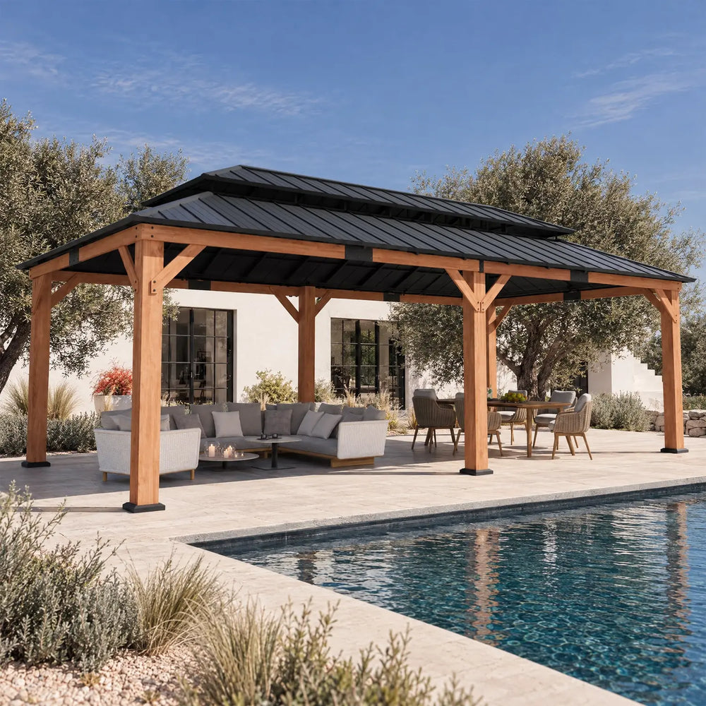 Tonnelle 12'x20' en cèdre et bois de rose à toit rigide