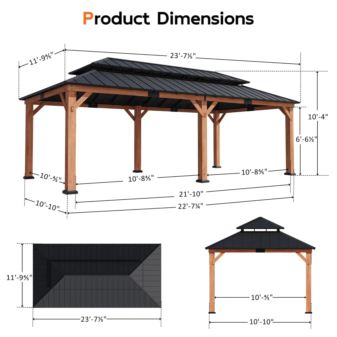 Tonnelle 12'x20' en cèdre et bois de rose à toit rigide
