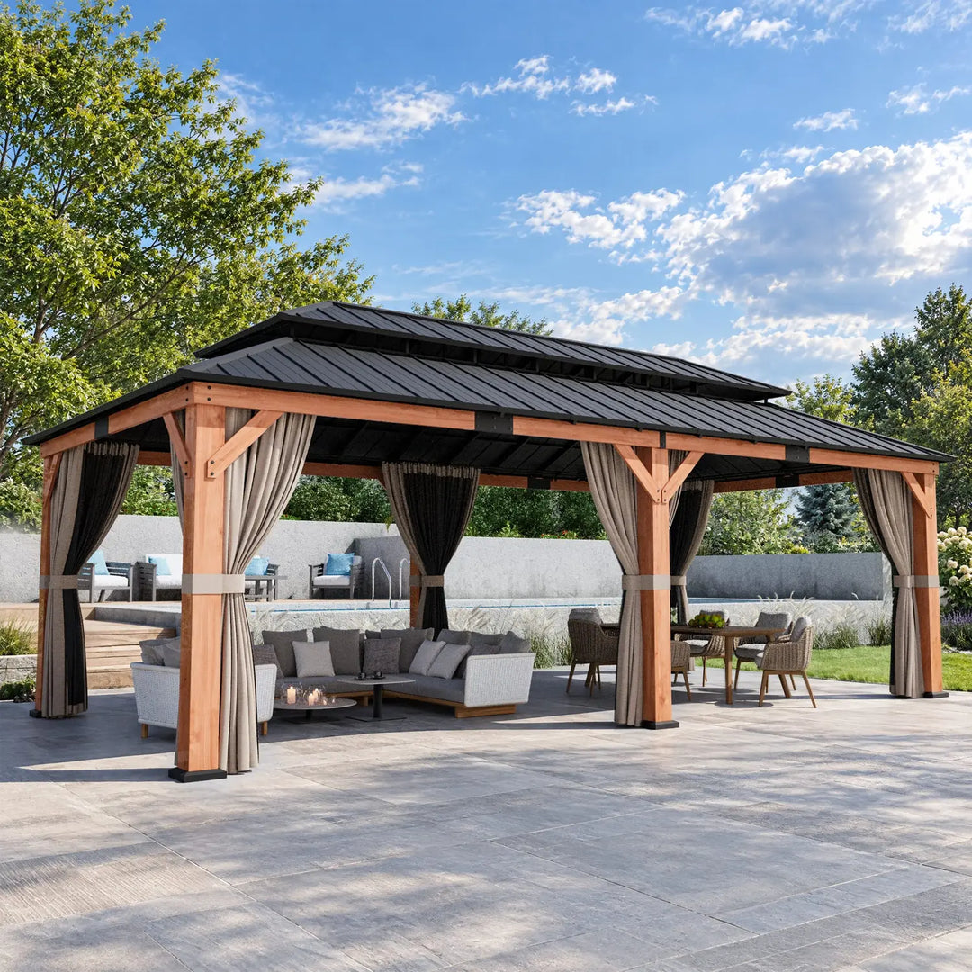 Tonnelle 12'x20' en cèdre et bois de rose à toit rigide