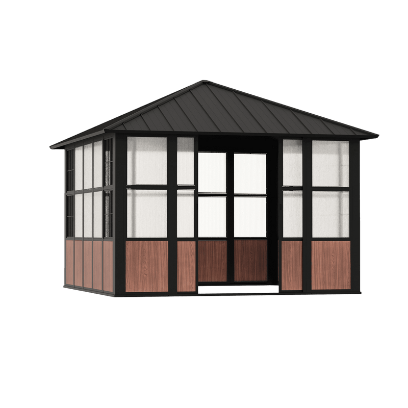 Gazebo à toit rigide solarium Clario 3,66 m x 3,66 m avec support de télévision intégré