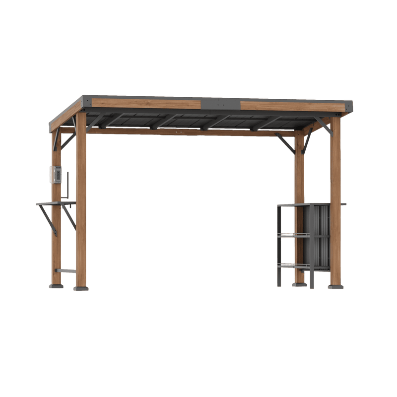 Gazebo à toit rigide en cèdre Woodberry de 1,8 x 3,6 m avec deux comptoirs de bar