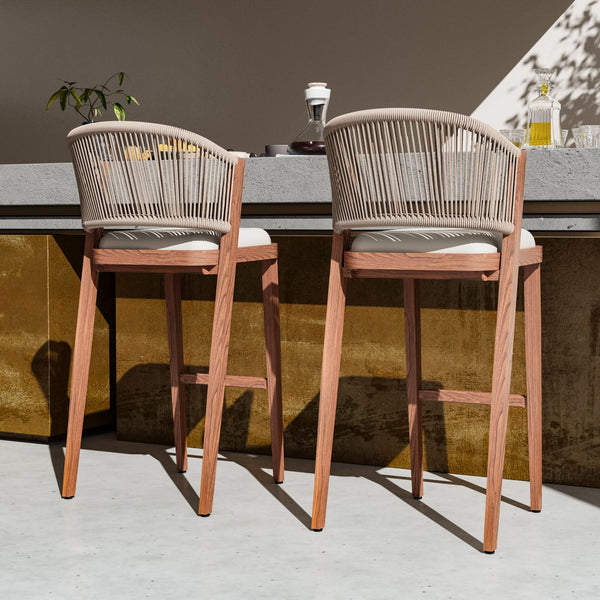Tabourets de bar hauteur 75,5 cm avec dossier en corde tressée à la main, lot de 2