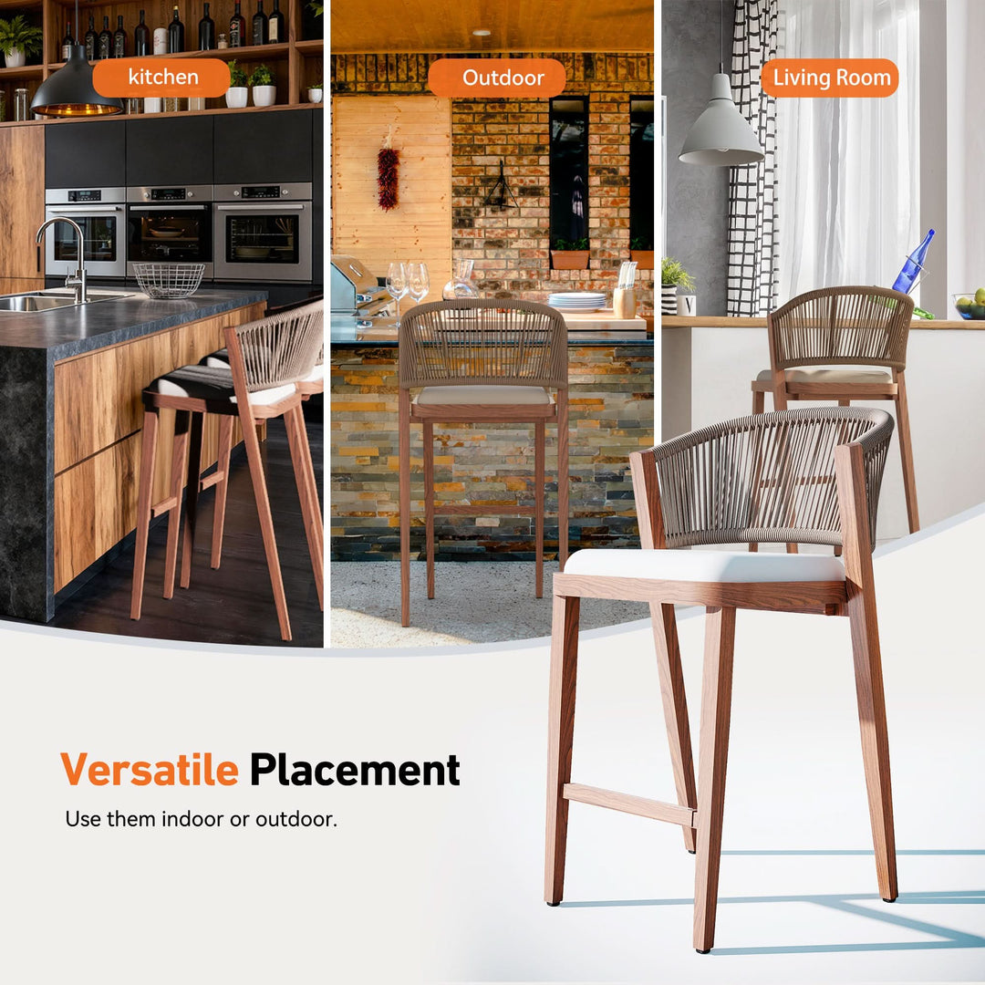 26 4/5" Counter Height Bar Stools with Hand-woven Rope Backrest Set of 2